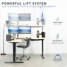 VIVO Electric Dual Motor Stand Up Desk Frame with Cable Management Rack, Ergonomic Height Adjustable Standing DIY Workstation, DESK-V103. You can DYI your own Standing Desk with this potent frame, thick leg in steel construction with a load capacity of 275 pounds! Its three piece telescopic height adjustment legs go from sitting to standing in seconds with a touch of a button. Hidden multi-motors speed up the lift mechanism by 1.5" per second!  